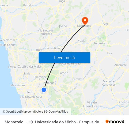 Montezelo Cruz.to to Universidade do Minho - Campus de Azurém / Guimarães map