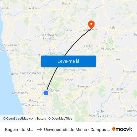 Baguim do Monte (Igreja) to Universidade do Minho - Campus de Azurém / Guimarães map