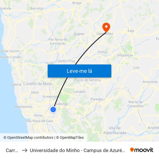 Carreira to Universidade do Minho - Campus de Azurém / Guimarães map