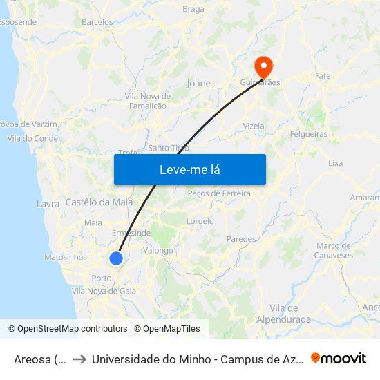 Areosa (Feira) to Universidade do Minho - Campus de Azurém / Guimarães map