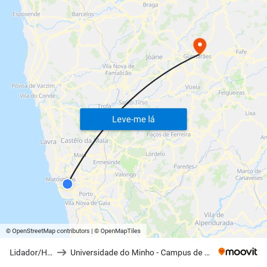 Lidador/Hospital to Universidade do Minho - Campus de Azurém / Guimarães map