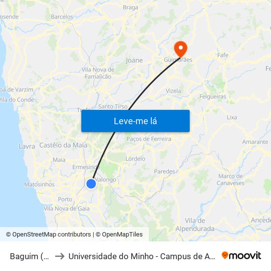 Baguim (Igreja) to Universidade do Minho - Campus de Azurém / Guimarães map