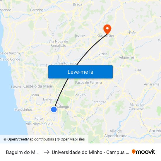 Baguim do Monte (Igreja) to Universidade do Minho - Campus de Azurém / Guimarães map