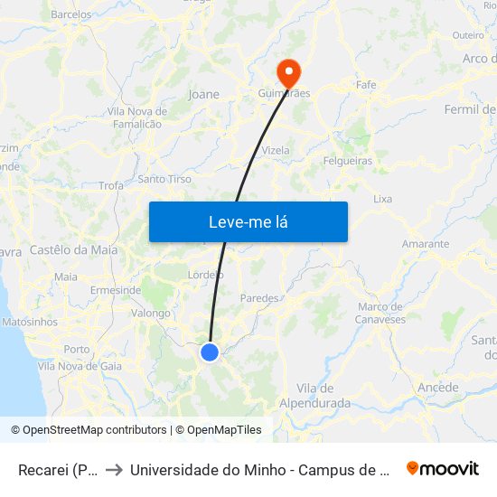 Recarei (Portela) to Universidade do Minho - Campus de Azurém / Guimarães map