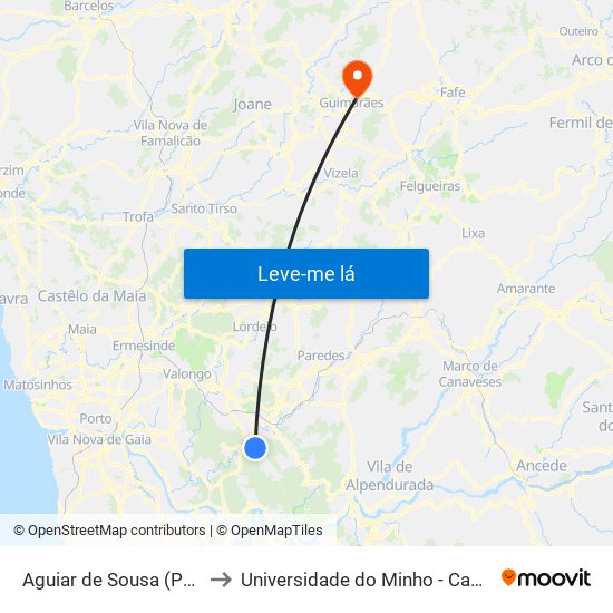 Aguiar de Sousa (Portela de Boncinhos) to Universidade do Minho - Campus de Azurém / Guimarães map