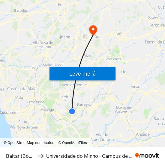 Baltar (Bombeiros) to Universidade do Minho - Campus de Azurém / Guimarães map