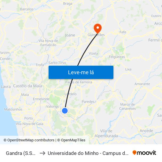 Gandra (S.Sebastião) to Universidade do Minho - Campus de Azurém / Guimarães map