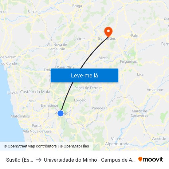 Susão (Estação) to Universidade do Minho - Campus de Azurém / Guimarães map