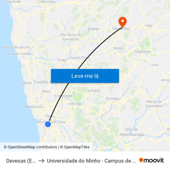 Devesas (Estação) to Universidade do Minho - Campus de Azurém / Guimarães map