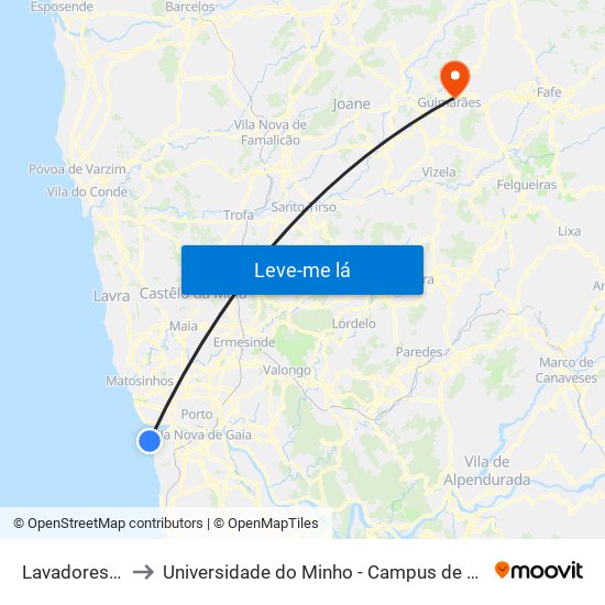 Lavadores (Praia) to Universidade do Minho - Campus de Azurém / Guimarães map