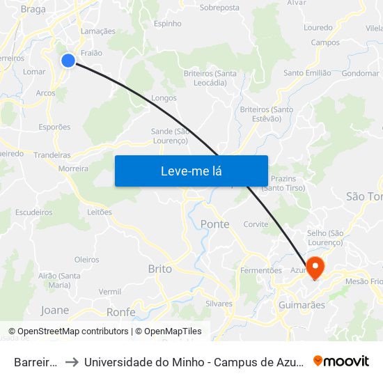 Barreiros Iii to Universidade do Minho - Campus de Azurém / Guimarães map