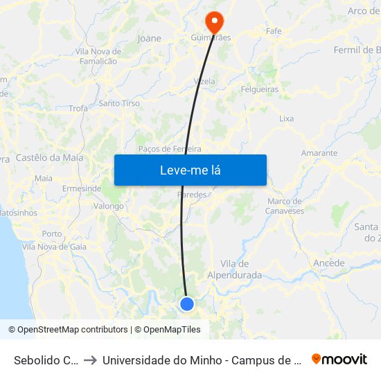Sebolido Cruzeiro to Universidade do Minho - Campus de Azurém / Guimarães map