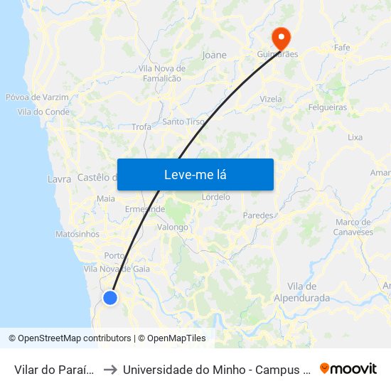 Vilar do Paraíso Calçada to Universidade do Minho - Campus de Azurém / Guimarães map