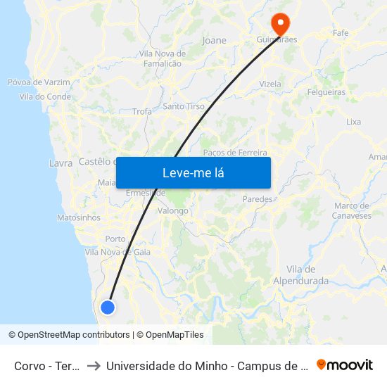 Corvo - Terreirinho to Universidade do Minho - Campus de Azurém / Guimarães map