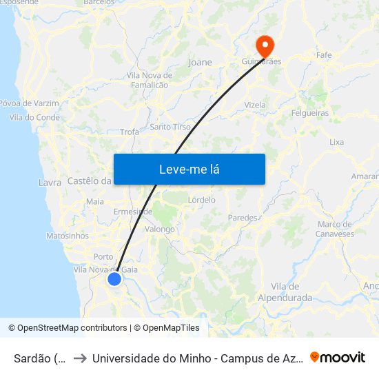 Sardão (Cruz.) to Universidade do Minho - Campus de Azurém / Guimarães map