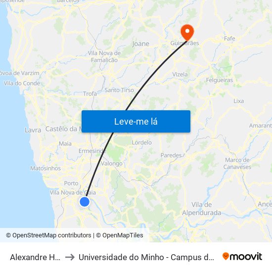 Alexandre Herculano to Universidade do Minho - Campus de Azurém / Guimarães map