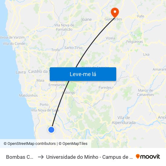 Bombas Carvalhos to Universidade do Minho - Campus de Azurém / Guimarães map