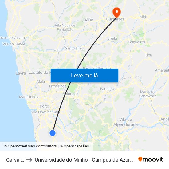 Carvalhos to Universidade do Minho - Campus de Azurém / Guimarães map