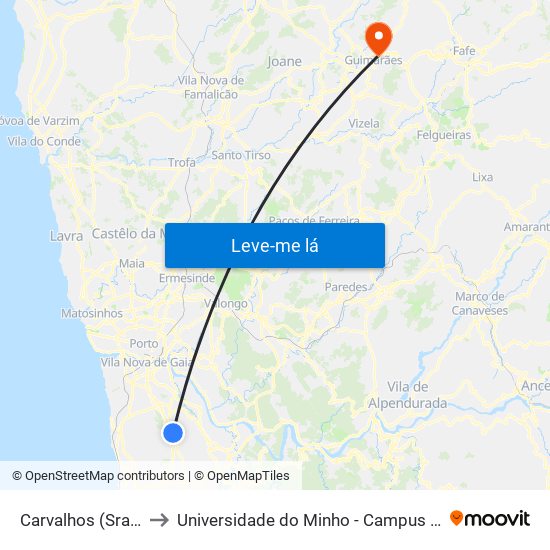 Carvalhos (Sra. da Saúde) to Universidade do Minho - Campus de Azurém / Guimarães map