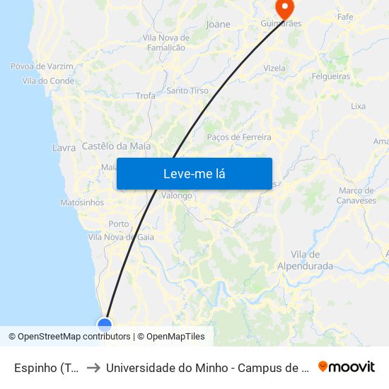 Espinho (Tribunal) to Universidade do Minho - Campus de Azurém / Guimarães map