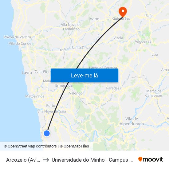 Arcozelo (Av. da Igreja) to Universidade do Minho - Campus de Azurém / Guimarães map