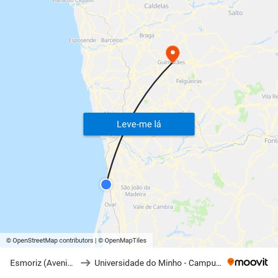 Esmoriz (Avenida da Praia 2) to Universidade do Minho - Campus de Azurém / Guimarães map