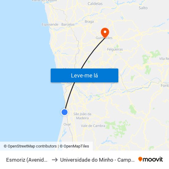 Esmoriz (Avenida da Praia 2) to Universidade do Minho - Campus de Azurém / Guimarães map