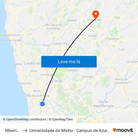 Ribeirinhas to Universidade do Minho - Campus de Azurém / Guimarães map