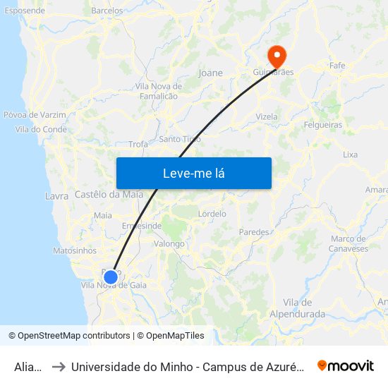 Aliados to Universidade do Minho - Campus de Azurém / Guimarães map