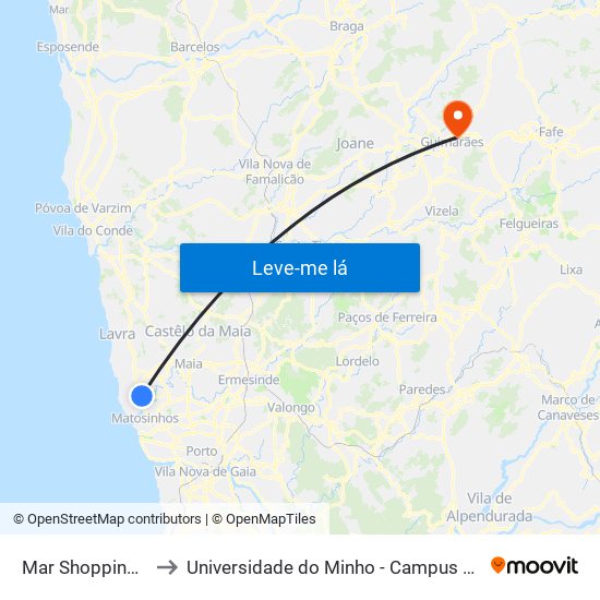 Mar Shopping Nascente to Universidade do Minho - Campus de Azurém / Guimarães map