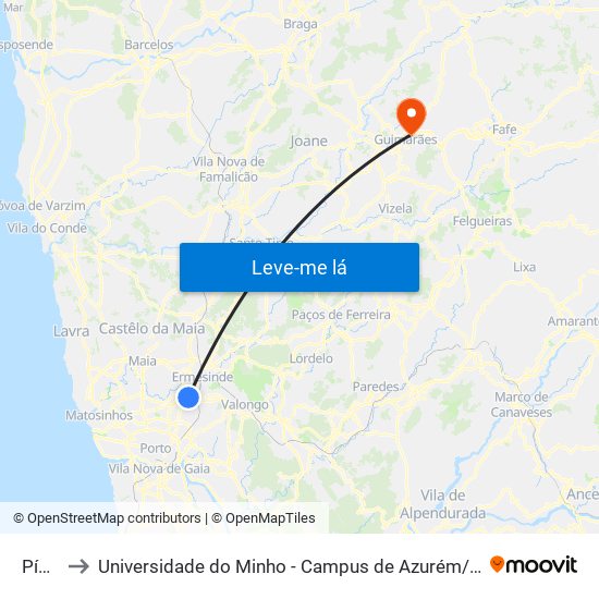 Pícua to Universidade do Minho - Campus de Azurém / Guimarães map