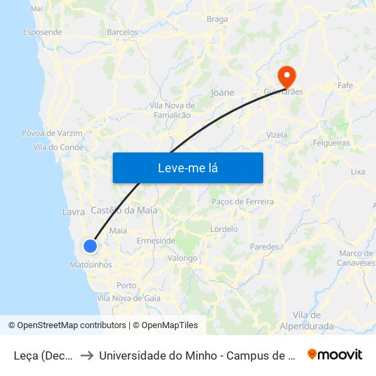 Leça (Decathlon) to Universidade do Minho - Campus de Azurém / Guimarães map