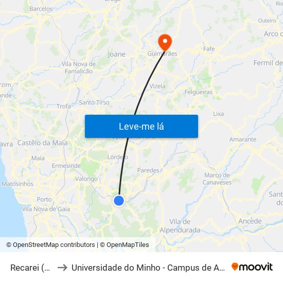 Recarei (Costa) to Universidade do Minho - Campus de Azurém / Guimarães map