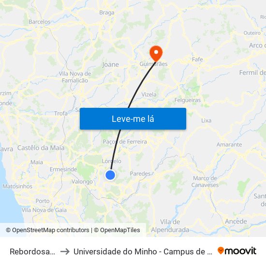 Rebordosa (Vales) to Universidade do Minho - Campus de Azurém / Guimarães map