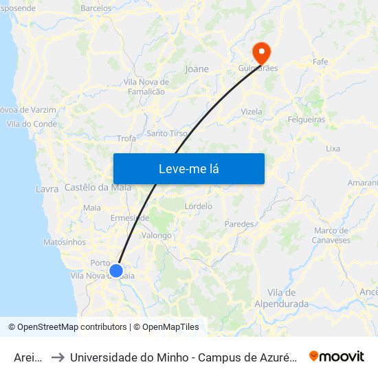 Areinho to Universidade do Minho - Campus de Azurém / Guimarães map