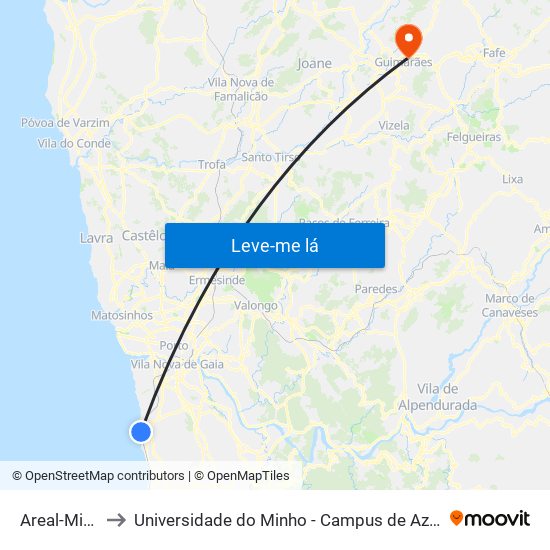 Areal-Miramar to Universidade do Minho - Campus de Azurém / Guimarães map