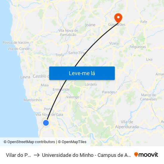Vilar do Paraíso to Universidade do Minho - Campus de Azurém / Guimarães map