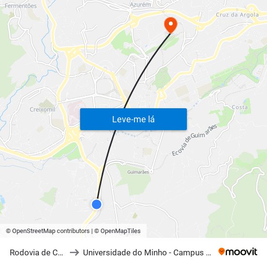 Rodovia de Covas (CTT) to Universidade do Minho - Campus de Azurém / Guimarães map