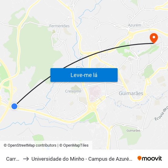 Carreira to Universidade do Minho - Campus de Azurém / Guimarães map