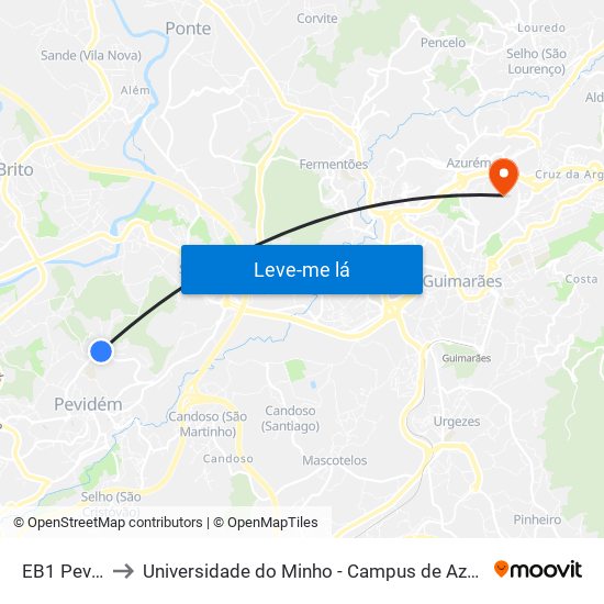 EB1 Pevidém to Universidade do Minho - Campus de Azurém / Guimarães map