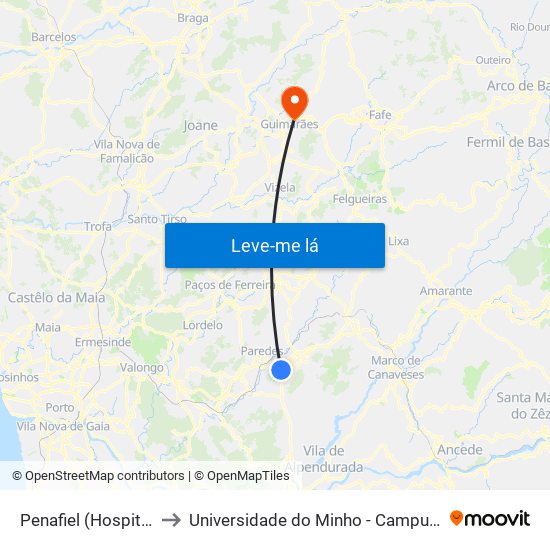 Penafiel (Hospital P. Américo) to Universidade do Minho - Campus de Azurém / Guimarães map