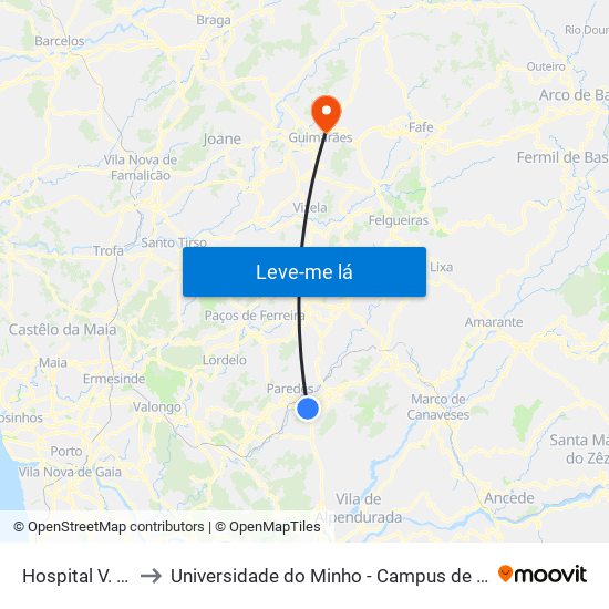 Hospital V. Sousa 2 to Universidade do Minho - Campus de Azurém / Guimarães map