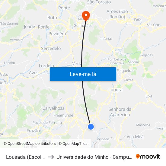 Lousada (Escola Secundaria) to Universidade do Minho - Campus de Azurém / Guimarães map