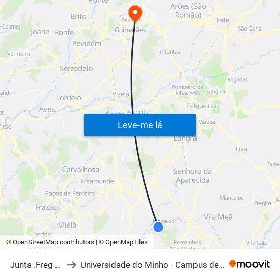 Junta .Freg Meinedo to Universidade do Minho - Campus de Azurém / Guimarães map