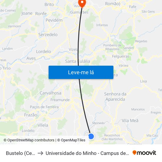 Bustelo (Cemitério) to Universidade do Minho - Campus de Azurém / Guimarães map