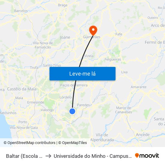 Baltar (Escola Secundária) to Universidade do Minho - Campus de Azurém / Guimarães map