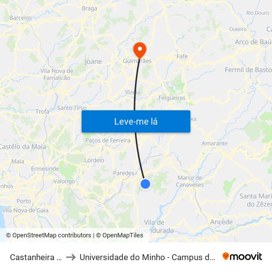 Castanheira de Baixo to Universidade do Minho - Campus de Azurém / Guimarães map