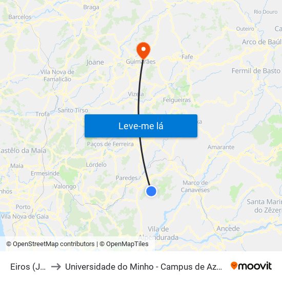 Eiros (Junta) to Universidade do Minho - Campus de Azurém / Guimarães map