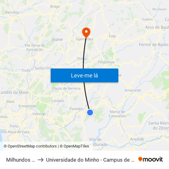 Milhundos (Igreja) to Universidade do Minho - Campus de Azurém / Guimarães map