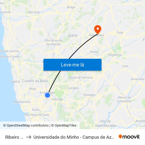 Ribeiro Teles to Universidade do Minho - Campus de Azurém / Guimarães map